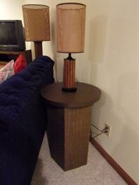 Air filled blue vintage sofa, Set of four Vintage Mid Century  2 Large Rattan Cane Wicker & Fiberglass Drum Lamp Shade and 2 Small with wood lamp base. Pillows not included. Vintage handmade ottoman/coffee table.