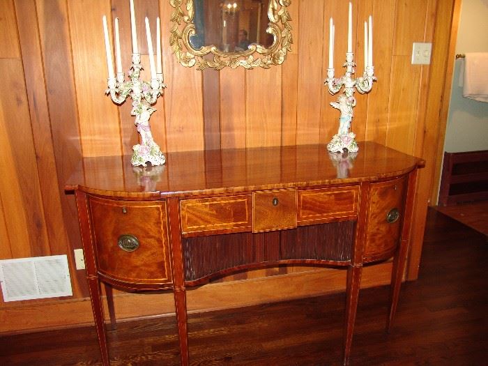 Beautiful inlaid mahogany sideboard with brass pulls and tapered legs