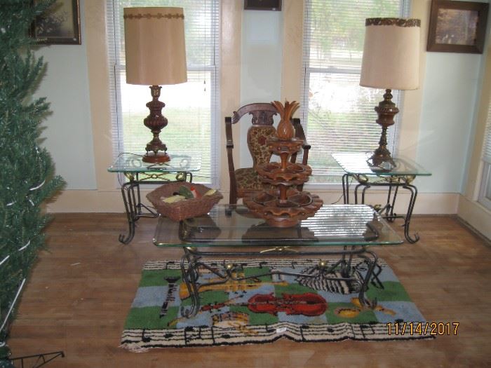 Glass and metal tables, fantastic wood revolving tray