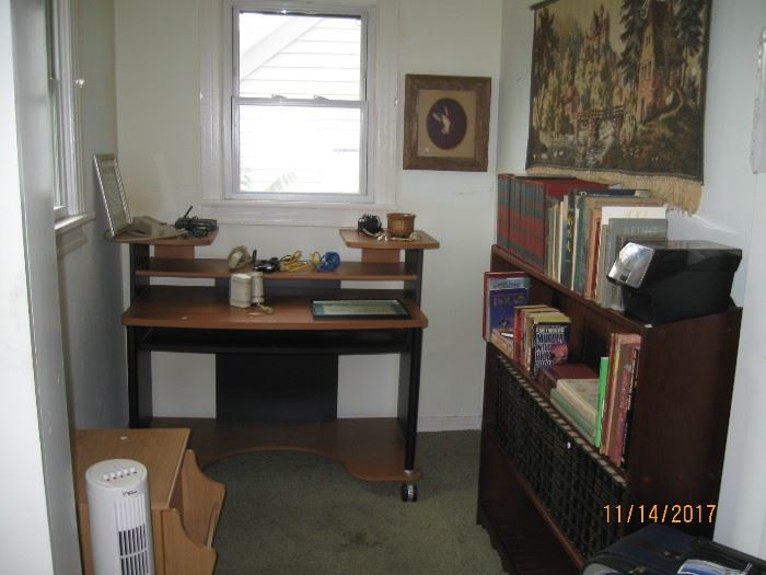 Computer desk, great book case and books