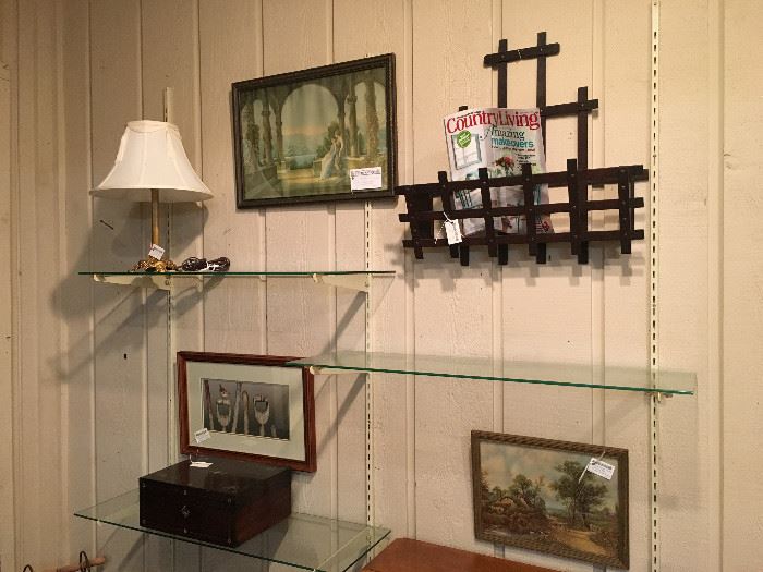 Victorian wall mount magazine rack, wooden box, pictures, lamp.
