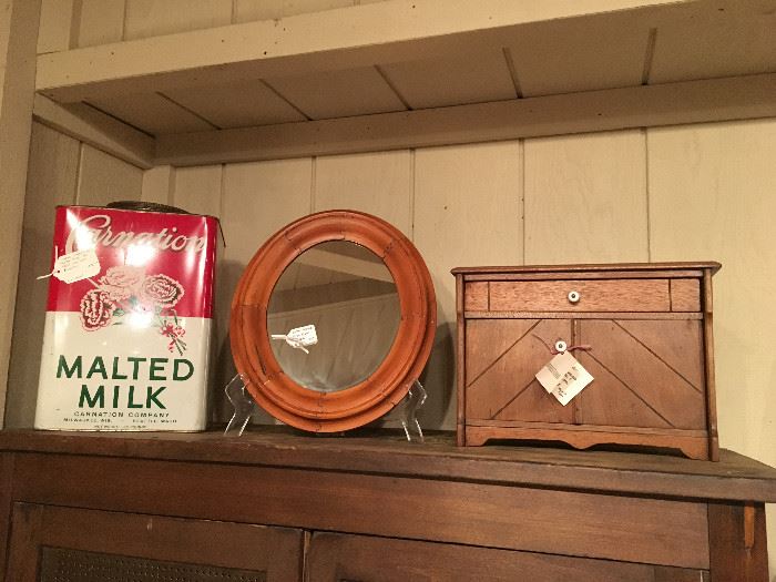 Carnation Malted Milk tin (large), mirror, wooden box.