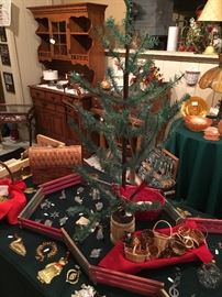 German 36" Feather Christmas Tree, glass & brass ornaments.