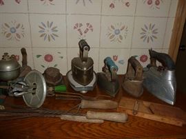 Collection of antique irons, etc
