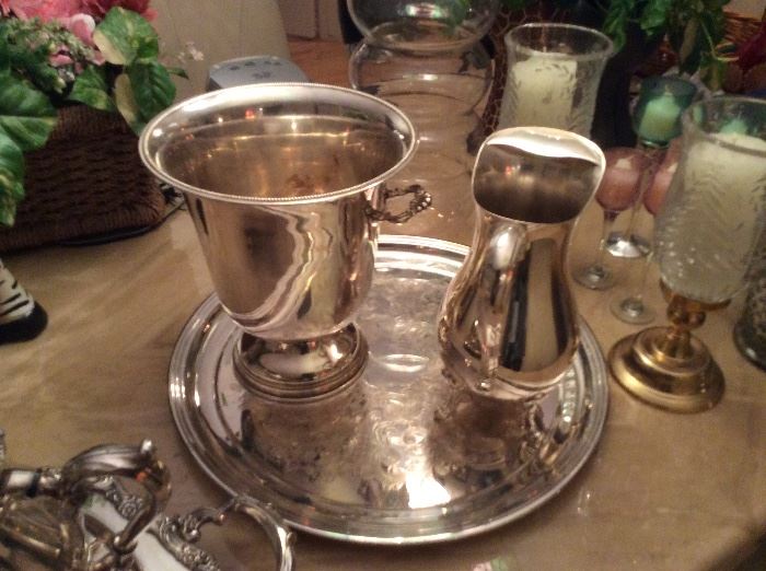Silver plate ice bucket and pitcher