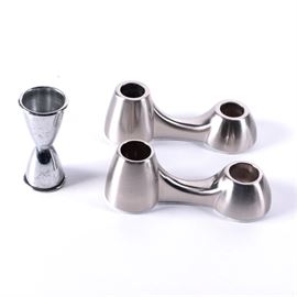 Silver-Tone Jigger with a Pair of Hardware Pieces: A silver-tone jigger with a pair of hardware pieces. The silver-tone hardware pieces have a graduated design, none of the items are marked.