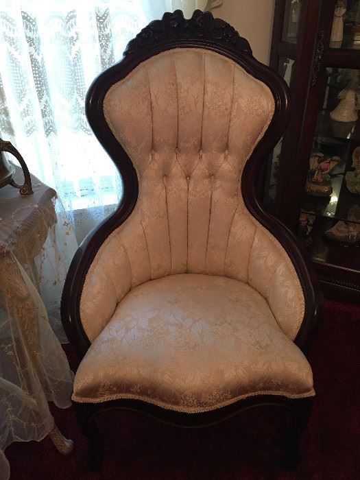Tufted high back Victorian style damask covered chair... one of a pair....with matching sofa....all of this furniture looks brand new 