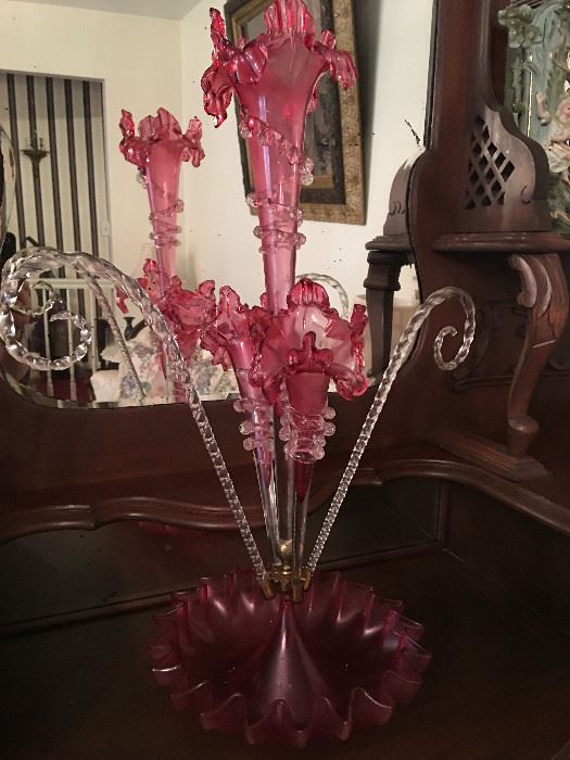 Tall and beautiful cranberry Victorian epergne