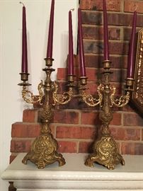 Pair of old brass candelabra with 3 arms per candle stand