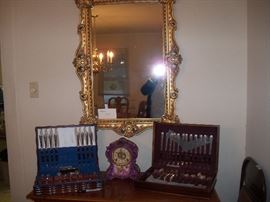 flatware, mantle clock and mirror