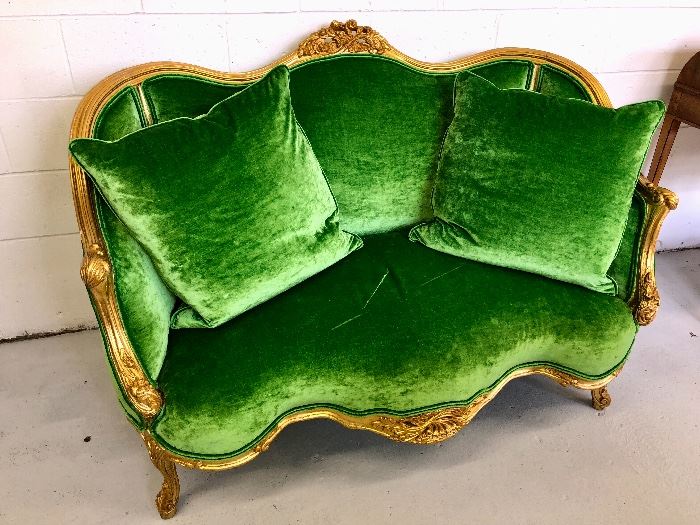 Antique gold gilt settee with plush green velvet