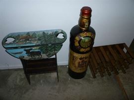 PAINTED SIDE TABLE, DECORATIVE WOOD BOTTLE W/WINE STORAGE, WINE RACK