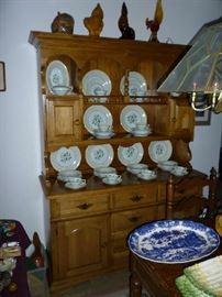 WOOD CHINA CABINET, NORITAKE CHINA SET, ROOSTERS ON TOP