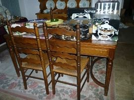 WOOD DINING TABLE W/2 DRAWERS FOR STORAGE, 4 WOOD CHAIRS