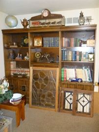 BOOKCASE WALL UNIT, BOOKS, VINTAGE CLOCKS, STAINED GLASS