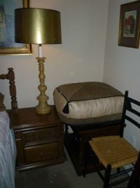 WOOD END TABLE, LAMP, CHAIR