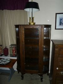 WOOD,  CURVED CURIO CABINET, LAMP