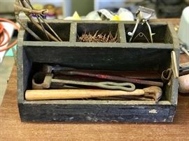 Antique Ferrier Tools (hammer, nippers , shoeing ferrier, etc.) & Box w/horseshoe nails