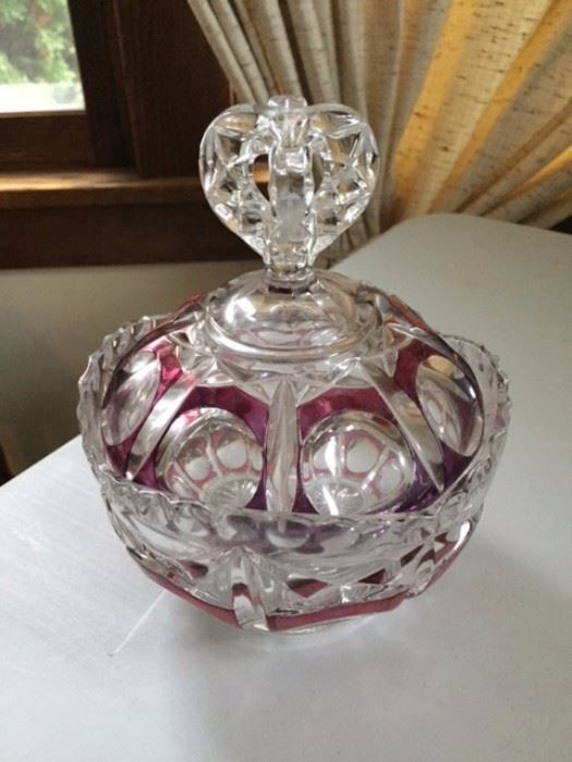 Crystal and Cranberry Candy Dish.