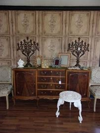French style Sideboard, Pr of heavy Altar Candelabra with bronze finish. carved wood Table with Elephants