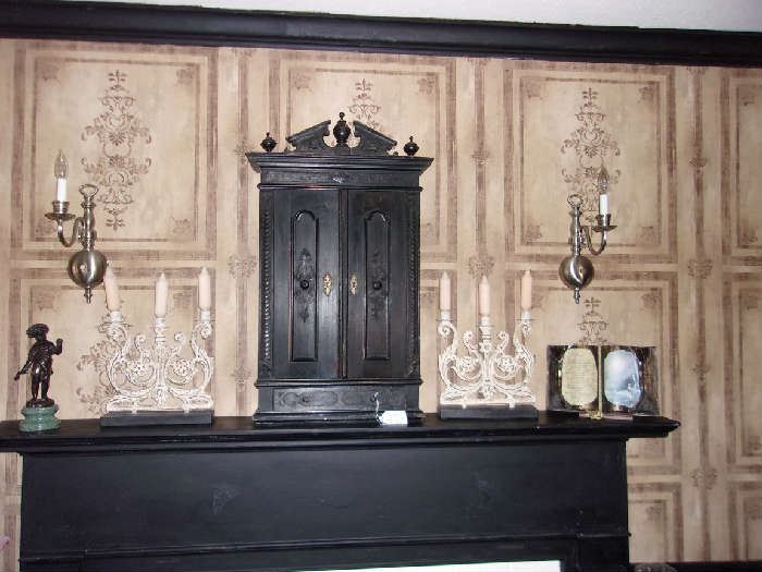 Antique Spice Cabinet, White Metal Candelabra