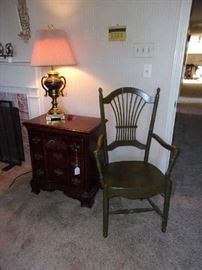 Chippendale style Bedside Table, Heavy Brass Lamp and Country style Chair, painted green