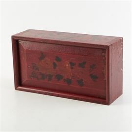 Wood Box with Sliding Lid: A wood box with a sliding lid. This rectangular piece features a floral design to the top and sides. It appears to be handmade and is not marked.
