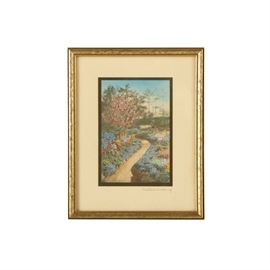 Wallace Nutting Vintage Hand Colored Photographic Print: A vintage hand colored photographic print by Wallace Nutting. This piece presents a path winding through a garden with blooming flowers and trees against a clear blue sky. It is presented on backing paper and signed by hand to the lower right. The print is mounted under glass in a wood frame, wired to hang.