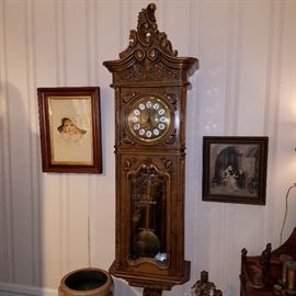 Louis XV style Gazo triple chime wall clock, carved wood case.  Running.
