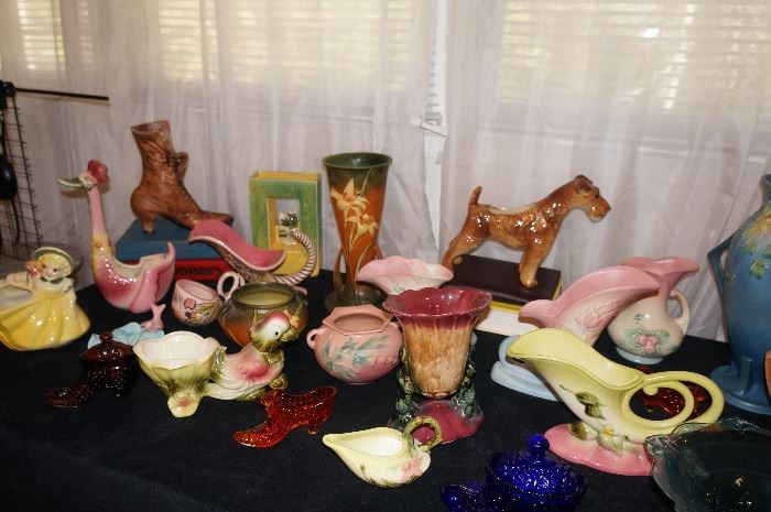 Featuring extensive collection of HULL, McCoy, Roseville pottery and lots of carnival glass... MORE photos avail on our website www.wrightestatesales.vpweb.com