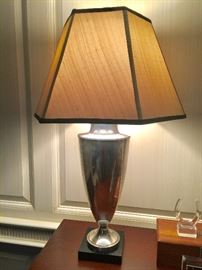 Pair of 30" Polished Nickel Lamps with Silk Shades