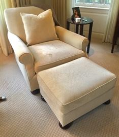 Off White Upholstered Chair & Ottoman w/ Bun Wood Feet. Chair (36” x 41" x 34”). Ottoman (29” x 23" x 16”).