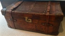 Leather Trunk c.1900 w/ WWI Regimental Banding & Original Ticking Inside, (40” x 24" x 17”)