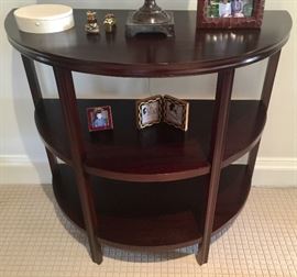 Pair of Wood Demilune Tables w/ 2 Shelves, (32” x 16" x 31”)