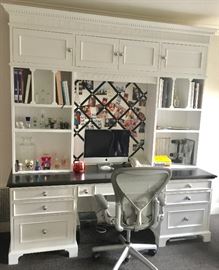 Custom White Desk & Bookcase w/ Black Top, (86” x 25" x 94”)