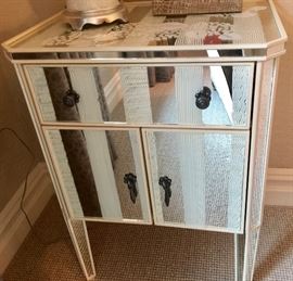 Handpainted Mirrored 1 Drawer 2 Door Side Table, (21” x 16" x 28”)