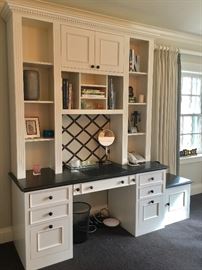 Custom White 8 Drawer Desk & Bookcase w/ Black Top, (87” x 25" x 92”)