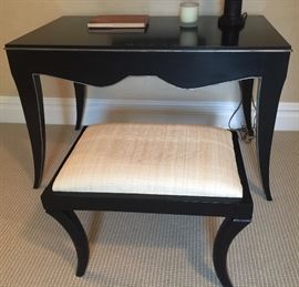 Black Dressing Table, (40” x 16" x 24”) Pair of Black Wood Stools w/ Linen Upholstered Top, (23” x 17" x 19”)