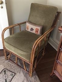 Vintage Rattan Chair w/ Green Velvet Cushions, (25” x 31" x 35”)