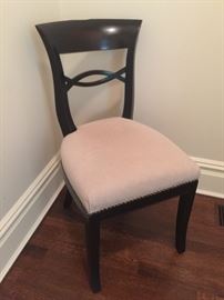 3 Palecek Black Wood Side Chairs w/ Beige Suede Seat & Nailhead Detail, (17” x 19" x 34" )