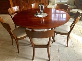 Wright Table Company 60" Round Wood Table 6 Dining Side Chairs w/ Beige Upholstered Seats by Jean Gestas, France, (19” x 17' x 35”)