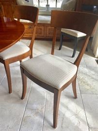 Wright Table Company 60" Round Wood Table 6 Dining Side Chairs w/ Beige Upholstered Seats by Jean Gestas, France, (19” x 17' x 35”)