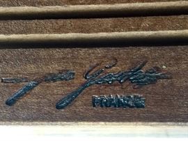 Wright Table Company 60" Round Wood Table 6 Dining Side Chairs w/ Beige Upholstered Seats by Jean Gestas, France, (19” x 17' x 35”)