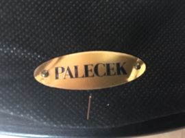 3 Palecek Black Wood Side Chairs w/ Beige Suede Seat & Nailhead Detail, (17” x 19" x 34" )