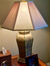 Pair of 31" Chinese Brass Base Table Lamps w/ Silk Shades