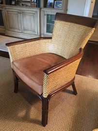 Palecek Woven Chair w/ Leather Cushion Seat and Wood Accents