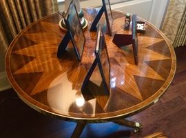 Pair of 30" Round Starburst Inlay Tables w/ Brass Detail & Claw Feet. 28" Ht.,