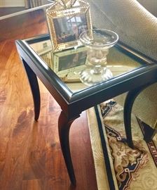 Pair of Mirrored Top Black Side Tables, (16” x 20" x 20”)
