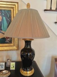34" Antique Black Ginger Jar Lamp w/ Gilt Base & Custom Cream Shade