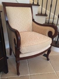Mahogany Framed Chair w/ Cream Patterned Upholstery, (26” x 28" x 38”)